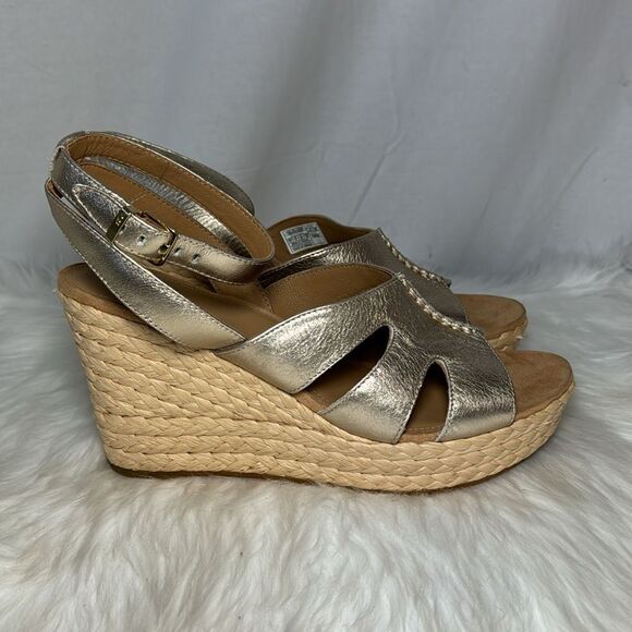 UGG Careena NWOT Gold Leather Raffia Wedge Espadrille Sandals Sz 11 - Picture 5 of 7